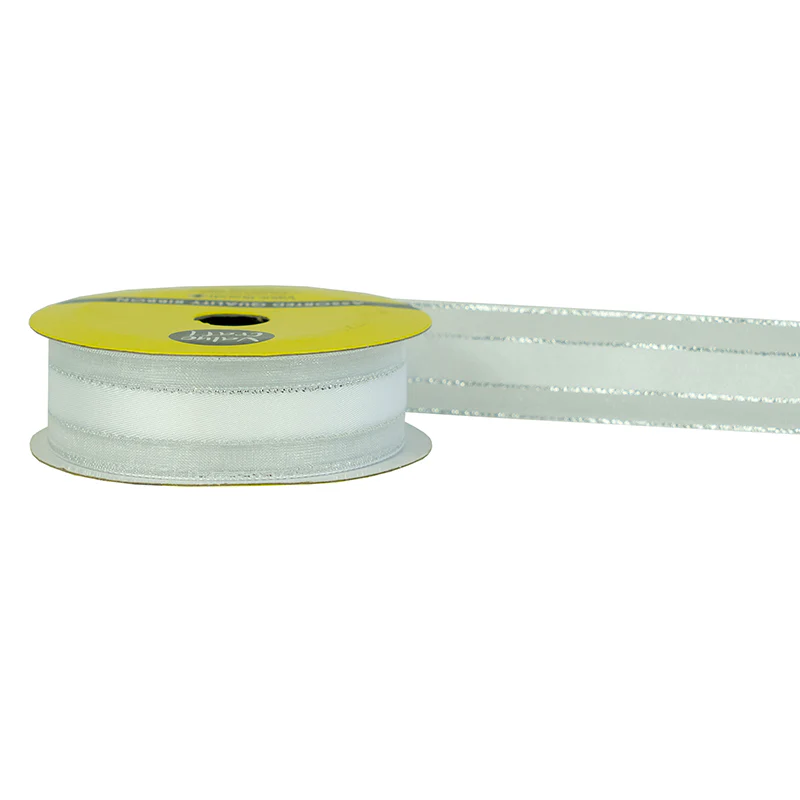 22mm White & Silver Sheer Edge Satin Ribbon 4m