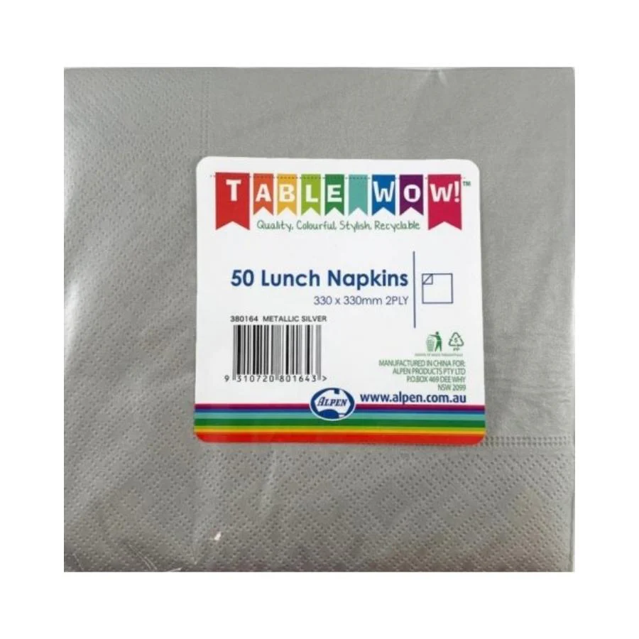 Metallic Silver Lunch Napkins 33x33cm 50pk