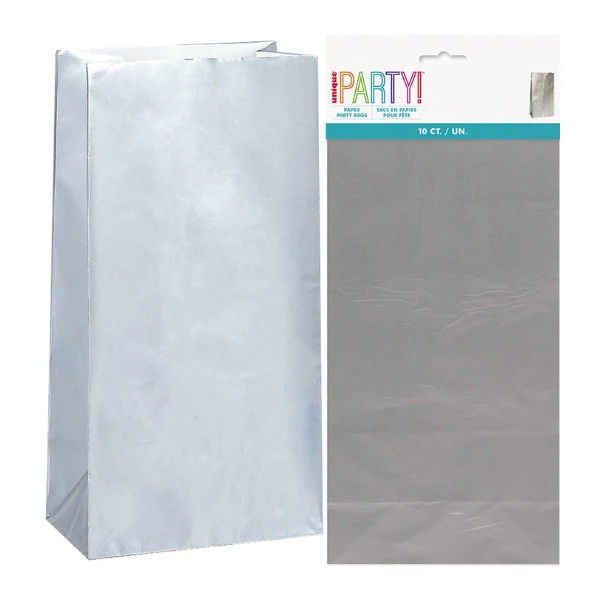 Silver Paper Party Bags 26x13cm 10pk